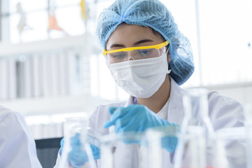 Asian young girl student scientist researching  and learning in a laboratory.