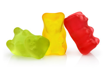colorful jelly gummy bears, isolated on white background