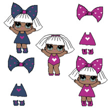 The Set Of Isolated Pixel Lol Dolls On White Background. Elements Of Pink And Blue Costumes With Hearts Are Interchangeable. Cute Retro Design Of Decoration Or Character For 8-bit Game.