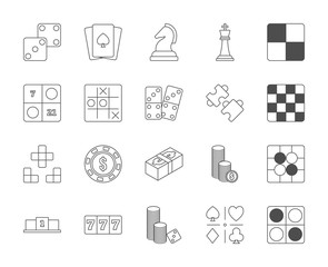 Line design icon set of puzzle, casino and board video game and esport concept. Editable stroke vector icon.