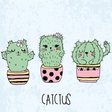 Vector Illustration Of Hand Drawn Sketch Set Cute Kawaii Cat Cactus In A Flowerpot In Anime Style With Lettering Catctus