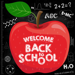 Canvas Print - Back to school banner. Red apple on the black school board with inscriptions. Vector illustration.