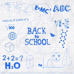 Wall Mural - Back to school banner. Crumpled white sheet of notebook with blue pen drawings. Vector illustration.