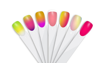 Sticker - Nail polish tips in different colors. Gel polish on white background. Vector illustration. 