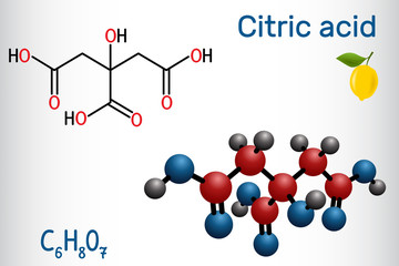 Poster - Citric acid molecule, is found in citrus fruits, lemons and limes. Is used as additive in food, cleaning agents, nutritional supplements. Structural chemical formula