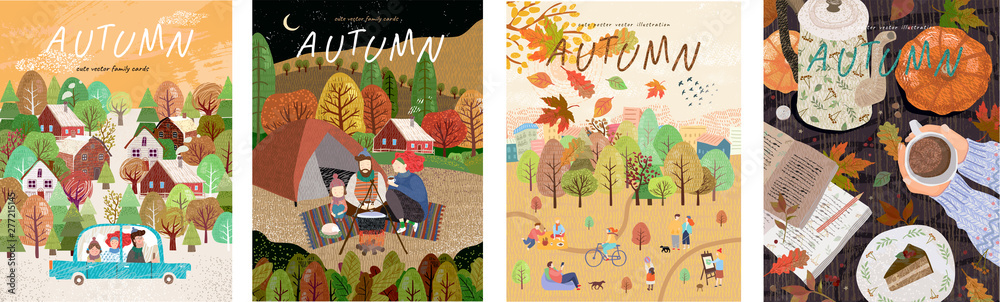 Autumn. Set of vector illustrations of a happy family on holidays at a picnic, car trips, a park with leaf fall and a cozy table with coffee. Freehand drawings for a poster, banner or card - obrazy, fototapety, plakaty 