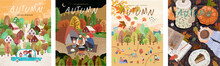 Autumn. Set Of Vector Illustrations Of A Happy Family On Holidays At A Picnic, Car Trips, A Park With Leaf Fall And A Cozy Table With Coffee. Freehand Drawings For A Poster, Banner Or Card