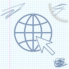 Poster - Go To Web line sketch icon isolated on white background. Globe and cursor. Website pictogram. World wide web symbol. Vector Illustration
