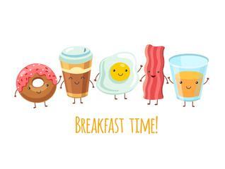 Happy breakfast characters. Egg sandwich coffee. Breakfast meal fried bacon. Cartoon funny food friends vector set. Breakfast food, bacon and coffee, fresh coffee illustration