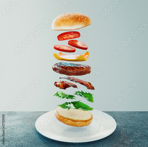 Hamburger. Fast food diet concept, Compulsive overeating and dieting. 3d rendering © Aldeca Productions