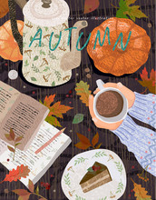 Cozy Autumn Background. Cute Vector Illustration Of A Table With Objects: A Cup Of Coffee, A Notes With A Pencil, A Teapot, A Pumpkin, A Dessert And Leaves. Top View Of Hands With Cocoa. 