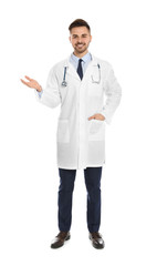 Poster - Full length portrait of medical doctor with stethoscope isolated on white