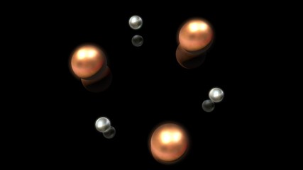 Poster - 3D illustration of bronze and silver droplets, round shape, located above the black reflective surface in space in a strictly geometric structure. 3D rendering of objects, futuristic image
