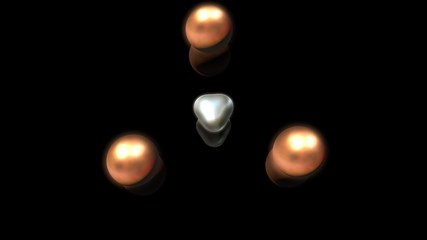 Poster - 3D illustration of bronze and silver droplets, round shape, located above the black reflective surface in space in a strictly geometric structure. 3D rendering of objects, futuristic image