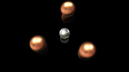 Poster - 3D illustration of bronze and silver droplets, round shape, located above the black reflective surface in space in a strictly geometric structure. 3D rendering of objects, futuristic image