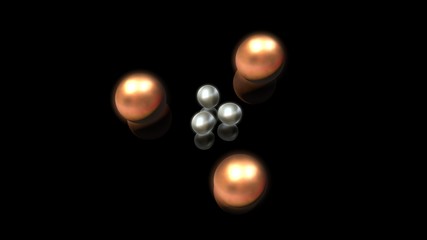 Poster - 3D illustration of bronze and silver droplets, round shape, located above the black reflective surface in space in a strictly geometric structure. 3D rendering of objects, futuristic image