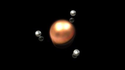 Poster - 3D illustration of bronze and silver droplets, round shape, located above the black reflective surface in space in a strictly geometric structure. 3D rendering of objects, futuristic image