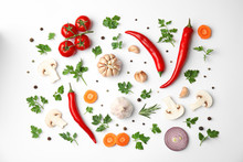 Flat Lay Composition With Green Parsley, Peppercorns And Vegetables On White Background
