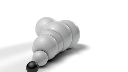 Poster - 3D illustration of white balls on white reflective background. Balls of different sizes are rolled in different directions. Futuristic image for background and desktop 3D rendering with depth of field