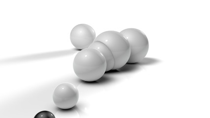 Poster - 3D illustration of white balls on white reflective background. Balls of different sizes are rolled in different directions. Futuristic image for background and desktop 3D rendering with depth of field