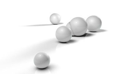 Poster - 3D illustration of white balls on white reflective background. Balls of different sizes are rolled in different directions. Futuristic image for background and desktop 3D rendering with depth of field