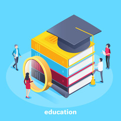 Wall Mural - isometric vector image on a blue background, young people look at a stack of multi-colored books at the top of which is a bachelor's hat, college and university, students in the library