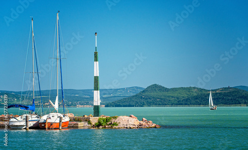 Sailboats in the port on lake Balaton in summer