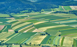 Fields, forest and roads building nice patterns. Wheat is not ripe yet, therefore a lot of green color. As seen from Hohe Wand, Austria.