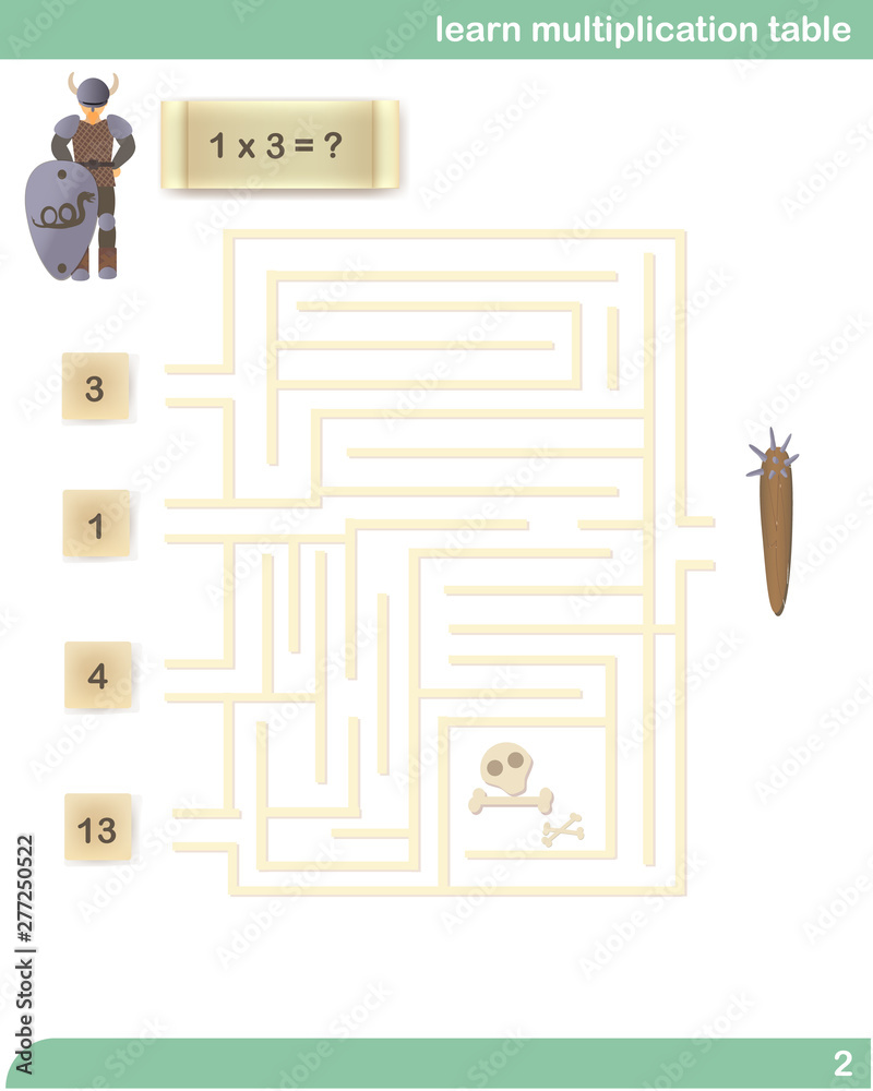 Learn multiplication table. Labyrinth. Viking Adventure. Vector ...