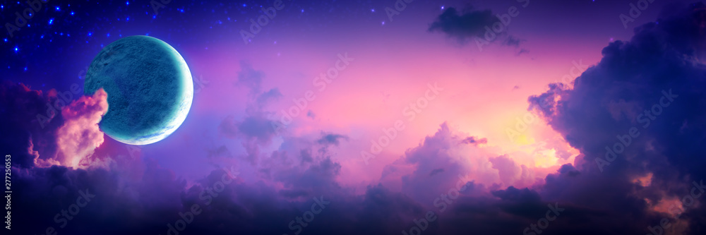 Crescent Moon With Stars And Colorful Clouds At Sunset - obrazy, fototapety, plakaty 