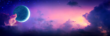 Crescent Moon With Stars And Colorful Clouds At Sunset