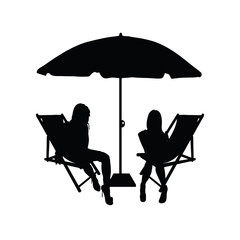 Wall Mural - umbrella with two chair for beach and girls silhouette