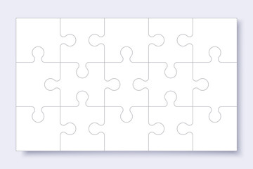 Puzzles grid template. Jigsaw puzzle with pieces, thinking game, jigsaws detail frame for business presentation with shadow. Сoncept of success in solving mosaic. Vector illustration.