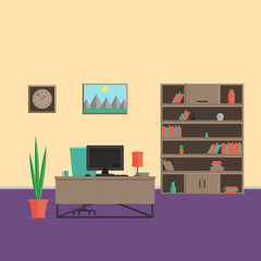 Fototapete - Interior cabinet in modern style. A complete set of furniture and decorations for the cabinet Vector flat illustration.