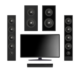 Poster - Screen tv. Flat plasma multimedia video system with console and sound speaker digital monitor vector realistic. Illustration of home cinema, screen tv and speaker