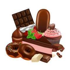 Wall Mural - Chocolate desserts collection. Realistic cupcake, cake, glazed donuts, chocolate bar vector illustration. Chocolate cake, candy and cupcake, donut dessert