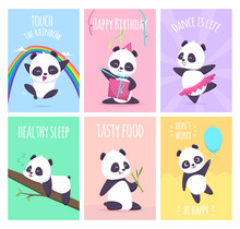 Panda Cards. Cute Little Bear Animals Cover Placard Vector Templates Collection. Illustration Of Panda Card, Placard With Funny Mammal