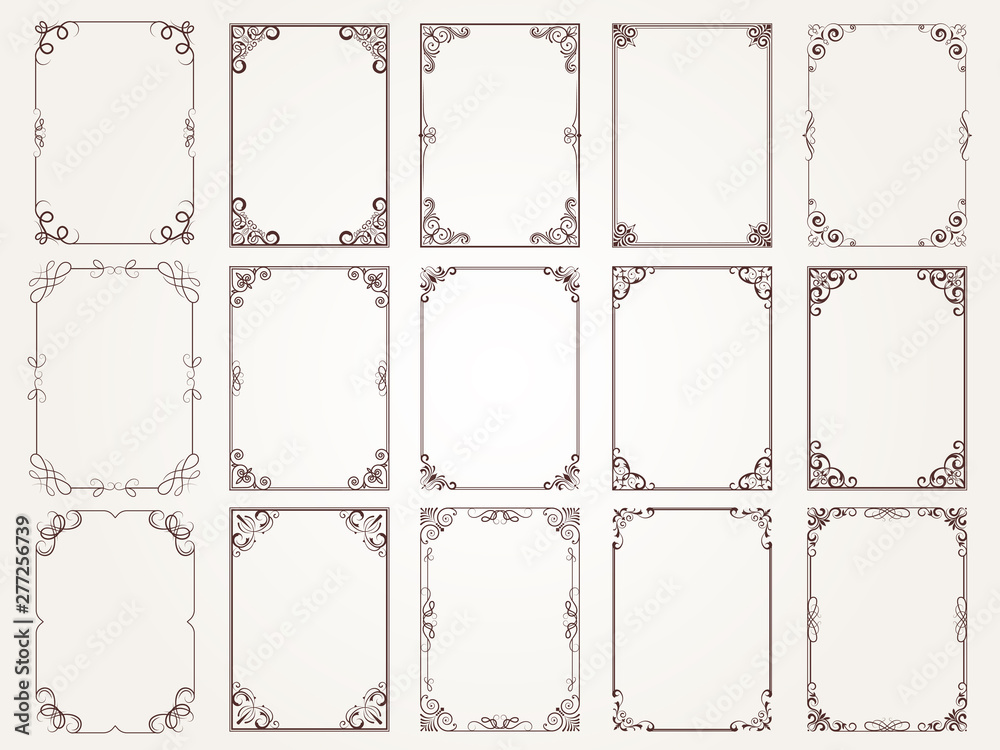 Calligraphic frames. Borders corners ornate frames for certificate floral classic vector designs collection. Illustration of filigree border card, floral rectangular frame - obrazy, fototapety, plakaty 