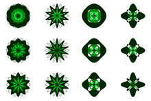 Rounded Green Black Stars Set Design Element  Kaleidoscopic Mirror Effect Isolated On White Background 