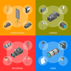 Poster - Photo Studio Equipment Signs 3d Banner Set Isometric View. Vector