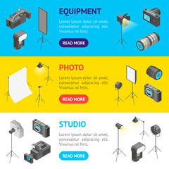 Poster - Photo Studio Equipment Signs 3d Banner Horizontal Set Isometric View. Vector