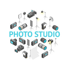 Poster - Photo Studio Equipment Round Design Template Ad Isometric View. Vector