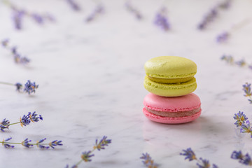 Two macarons on white marble table and sprigs of lavender laid out around macarons with copy space.