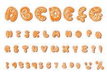 cartoon alphabet of Christmas or New Year alphabet gingerbread cookies set with glaze. Isolated textured letters on white background.