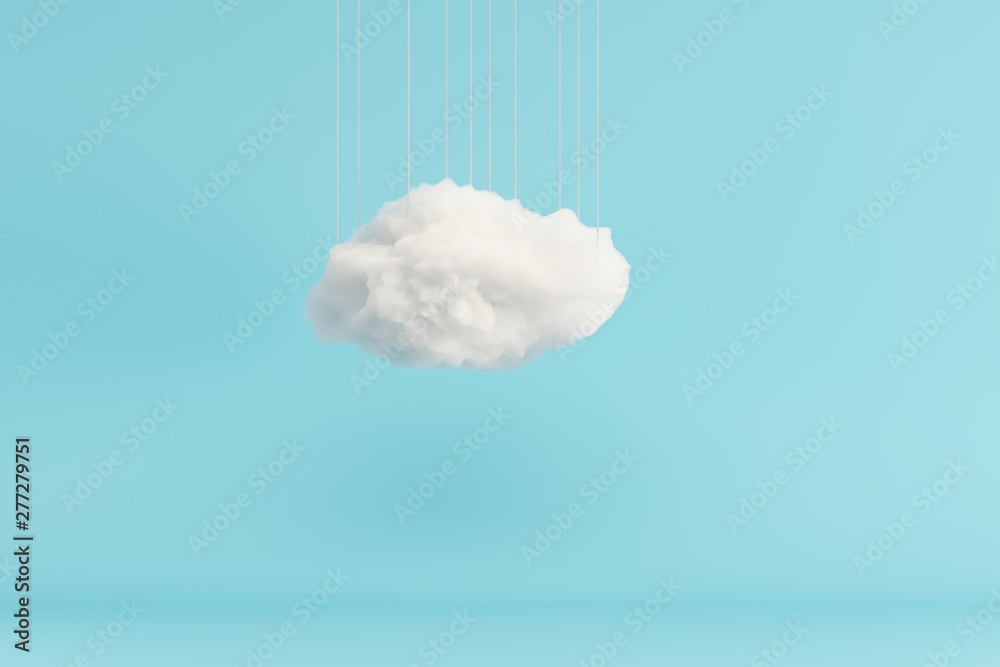 Cloud Hanging on blue room background. minimal idea concept. 3D render.