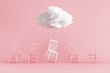 Cloud Floating above white chair among pink chair on pink background. Minimal idea concept. 3D render.