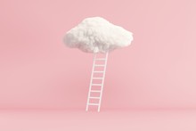 Stair With Cloud Floating On Pink Room Background. Minimal Creative Idea Concept. 3D Render.