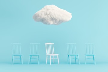 Wall Mural - Cloud Floating above white chair among blue chair on blue background. Minimal idea concept. 3D render.