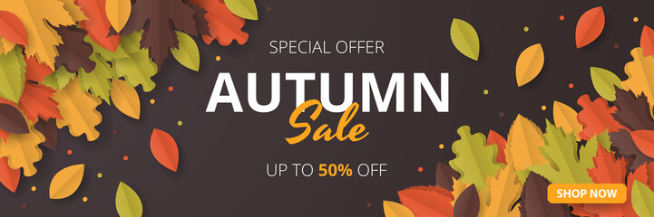 Wall Mural - autumn sale banner template. folded paper art. vector illustration