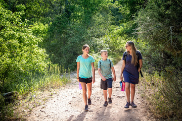 A family hiking together along a scenic mountain trail on a summer day. Lifestyle photo of people outdoors enjoying nature and being active